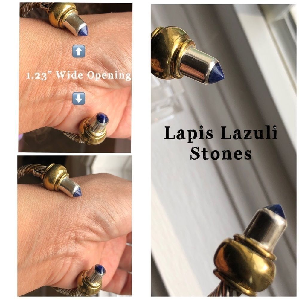 925/Brass Twisted Rope Design Lapis Cuff Bangle - Picture 6 of 8